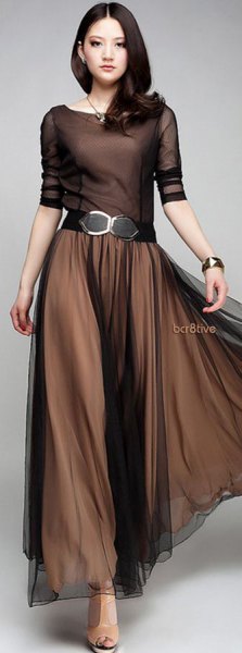 Brown Belted Chiffon Pleated Maxi Dress