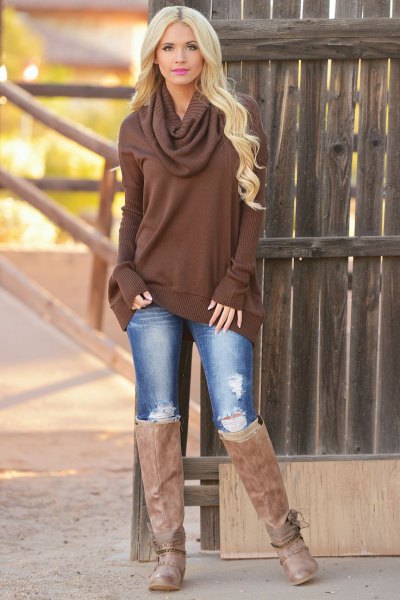 Chocolate brown cowl neck sweater dress and jeans