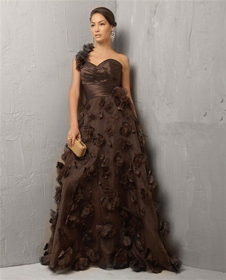 Chocolate brown strapless fit and floor length ball gown