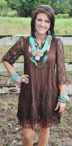 Chocolate brown lace mini dress with three quarter sleeves