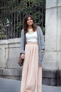 gray cardigan with blush pink maxi skirt