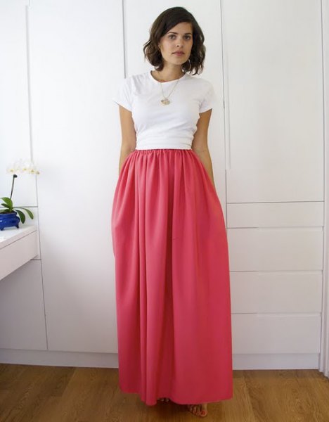 white t-shirt with high waisted elastic waist, maxi pink skirt