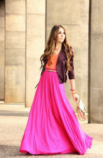 black leather jacket with pink maxi skirt