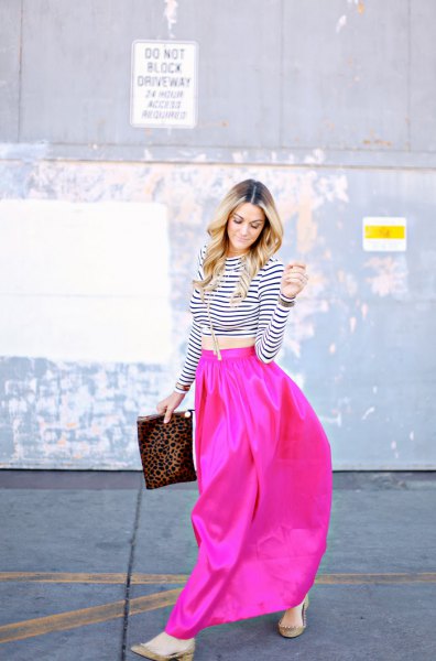 black and white striped cropped t-shirt with pink maxi skirt