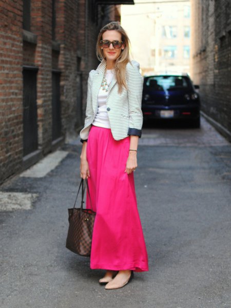 black and white striped blazer with pink maxi dress