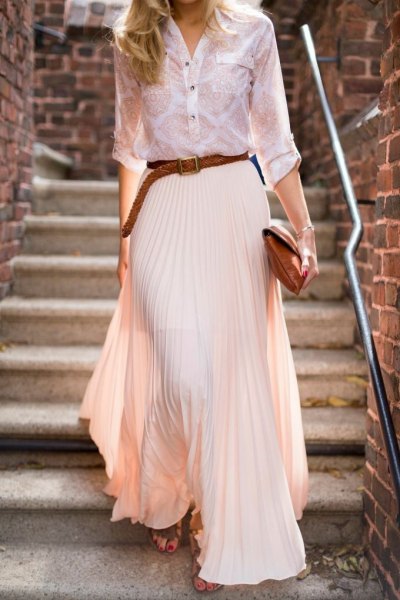 white and red printed button down shirt and pleated maxi skirt