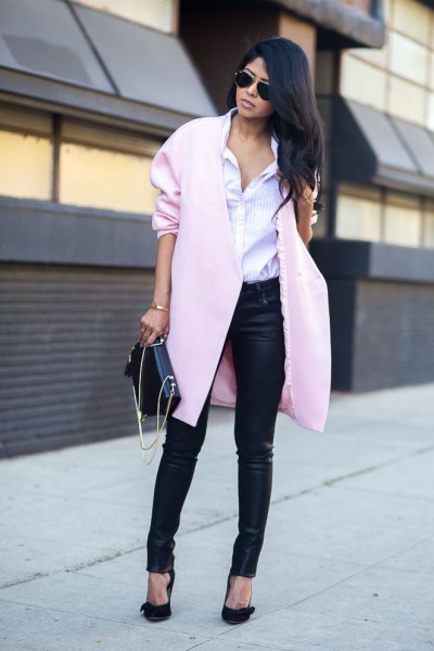 black coated jeans with light gray wool coat
