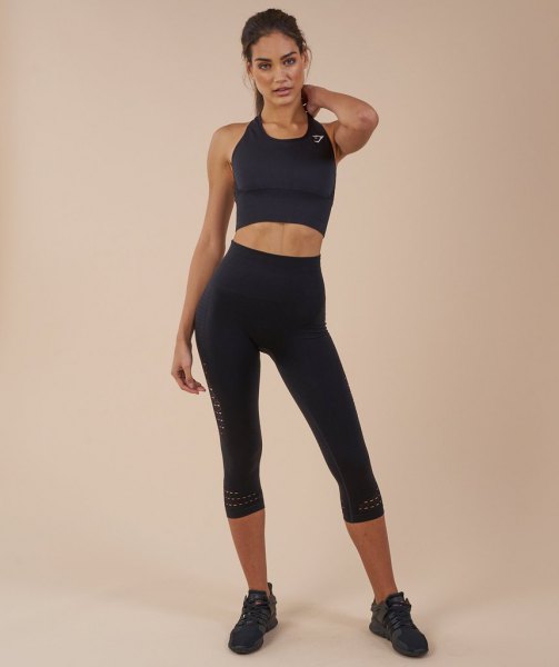 black sports bra top with cropped running shorts