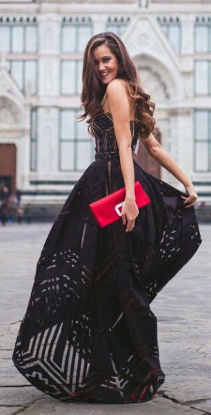 black sleeveless floor length dress with flap and flare