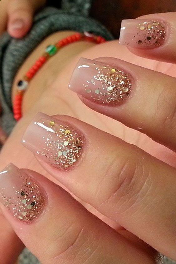 15 Best Christmas Nail Inspiration |  Gold glitter nails, pink.