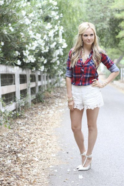 Navy white lace shorts and red plaid flannel shirt
