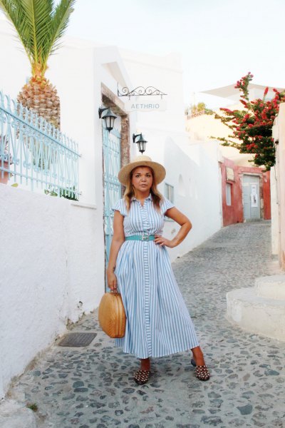 light blue and white striped maxi button dress with matching belt