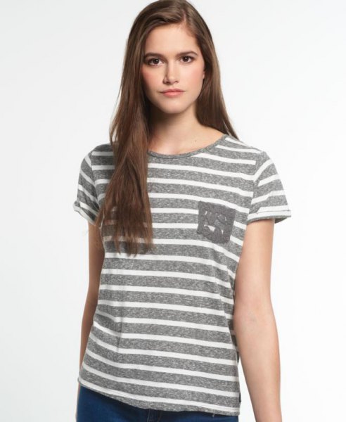 white and gray horizontal striped t-shirt