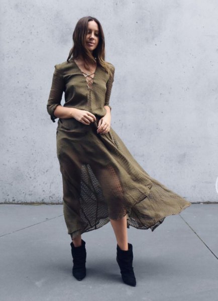 long sleeve chiffon khaki dress with cross neckline