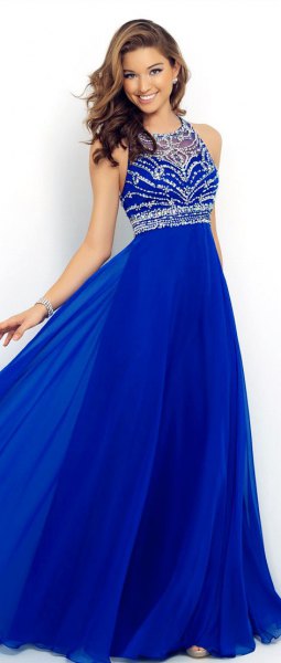 Royal Blue and Silver Sequin Fit and Flare Halter Dress