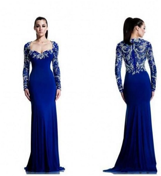 Floor length flowing chiffon dress in royal blue and silver with V-neckline