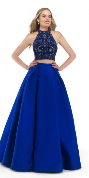 two piece floor length dress in black and royal blue