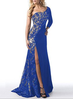 an off the shoulder royal blue and silver sequined dress