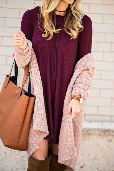 burgundy mini shirt dress with gray cardigan