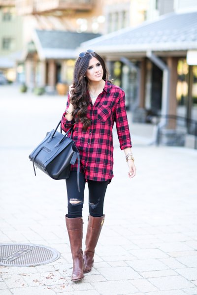 red and black checked tunic with ripped skinny jeans and knee high boots