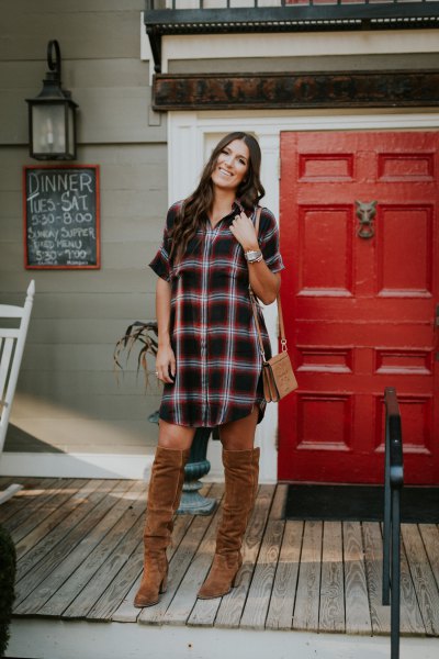 black and white checked tunic with camel over knee boots