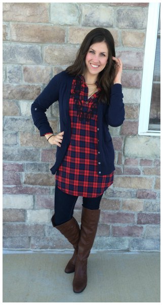 Red and navy plaid tunic with a deep blue cardigan