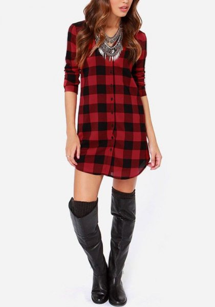 red and black plaid tunic with thigh-high leather boots