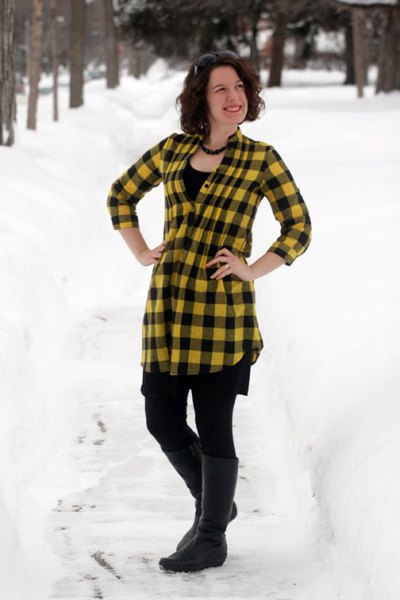 yellow and black plaid top with leggings and knee high boots