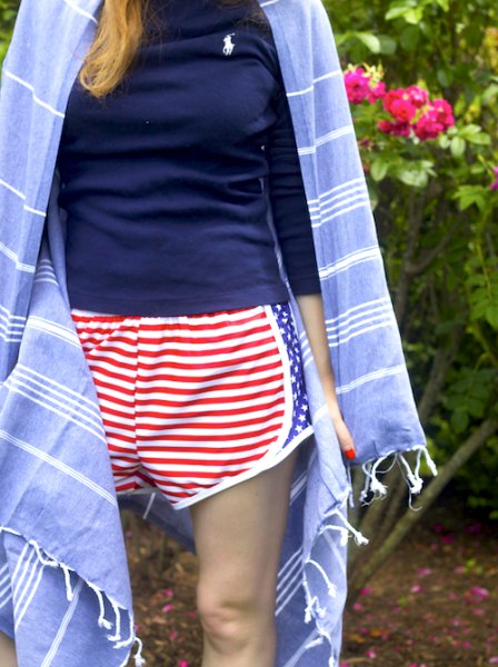 Navy t-shirt with red and white striped shorts and blue kimono