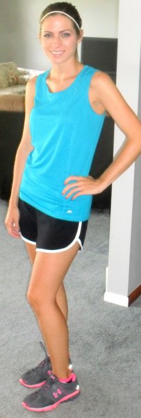 sky blue tank top with black and white running shorts