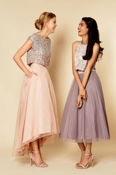 silver sequined cap sleeve top and light pink maxi skirt