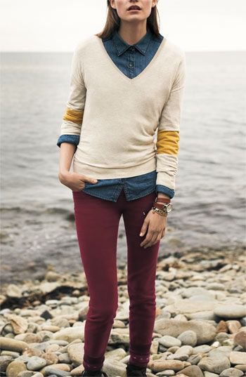 Cord skinny pants white knit sweater