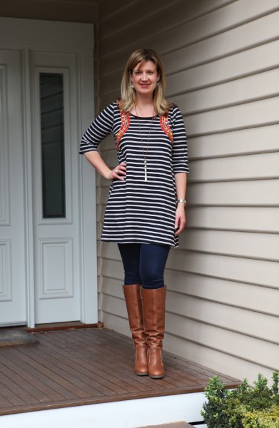 black and white striped tunic dress jeans boots