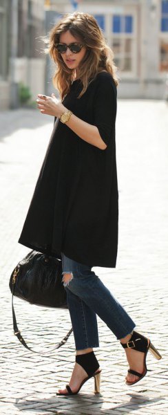 black tunic dress skinny jeans heels
