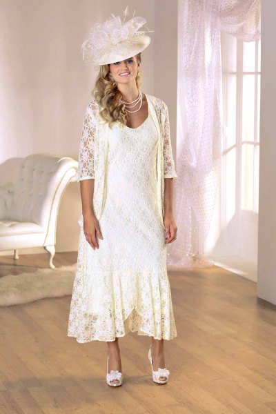 white lace jacket with flowy dress with maxi lace hem