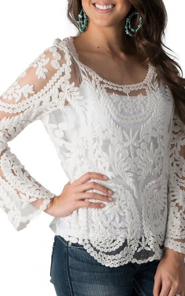 white lace long sleeve top with jeans