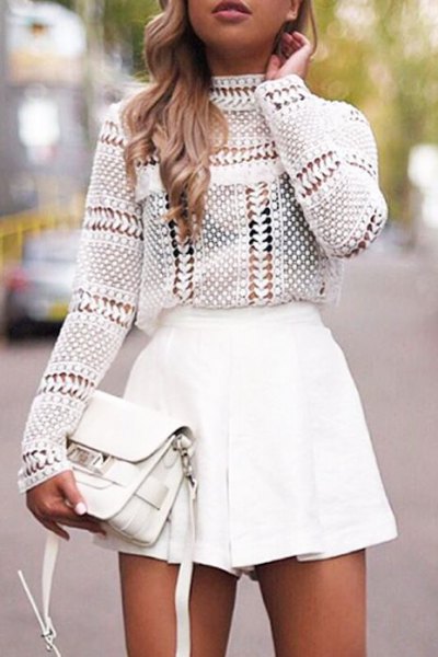 white crochet top with stand-up collar and mini skirt