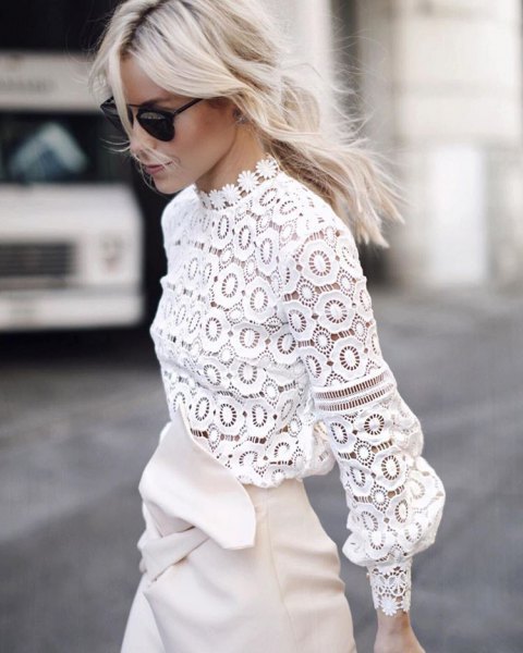 white crochet lace long sleeve top with mock neck and mini skirt