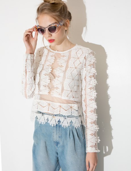 white semi-sheer lace top with light blue chambray pants