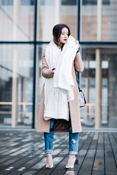 blush pink longline wool coat with white long scarf