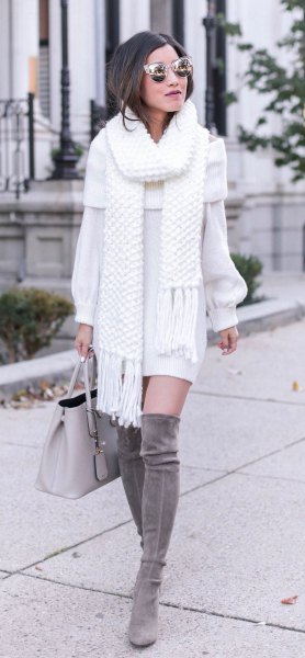 white scarf with fringes, matching sweater dress and gray overknee boots