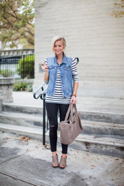dark blue and white striped long-sleeved t-shirt