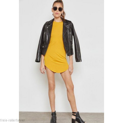 Mustard t-shirt dress with black leather jacket
