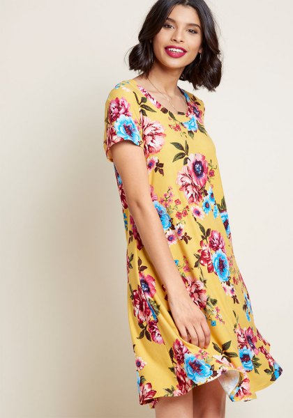 Yellow and Light Blue Floral Mini Dress