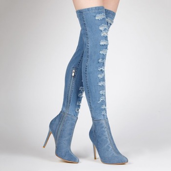 Stiletto Ripped Denim Blue Long Boots for Women Thigh High Boots.