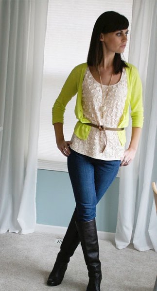 light yellow cropped cardigan with belt and lace blouse