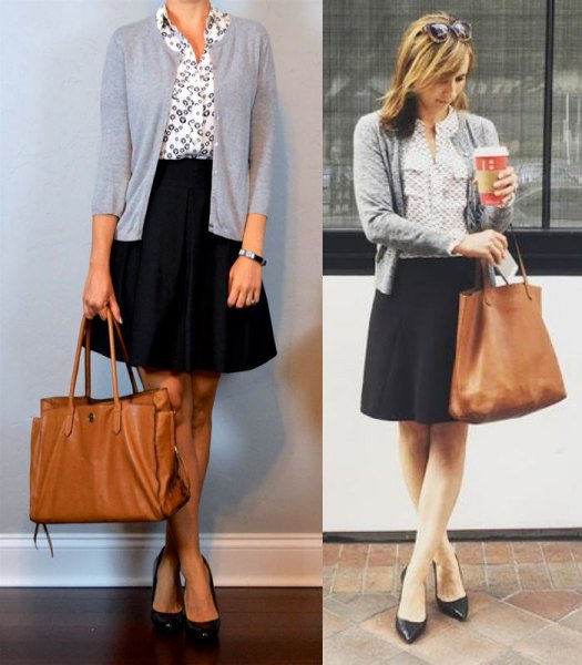 light gray short cardigan with white printed shirt and black flared knee length skirt