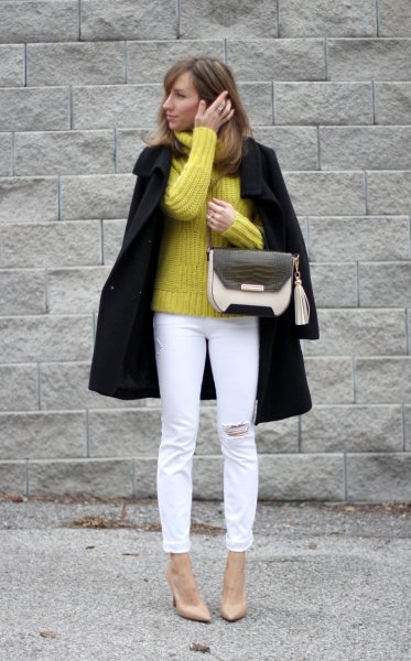yellow chunky knit sweater black wool coat