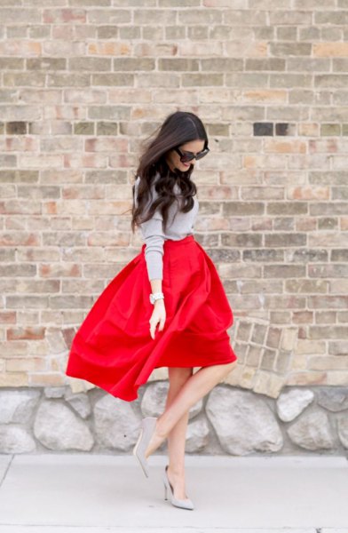 gray knit sweater, red high waisted flare mini dress