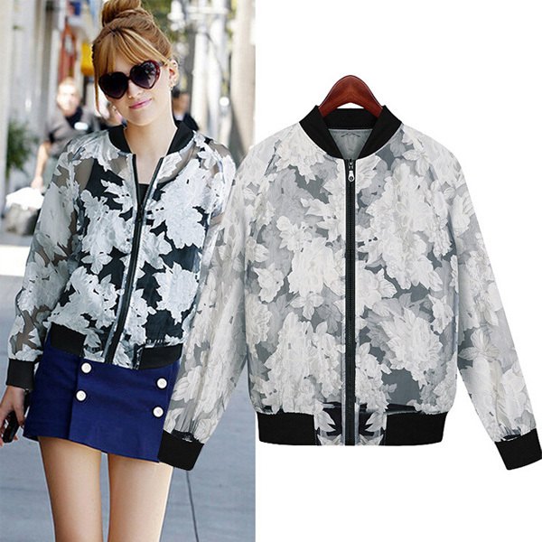 white floral embroidered semi-transparent casual sports coat with blue denim skirt